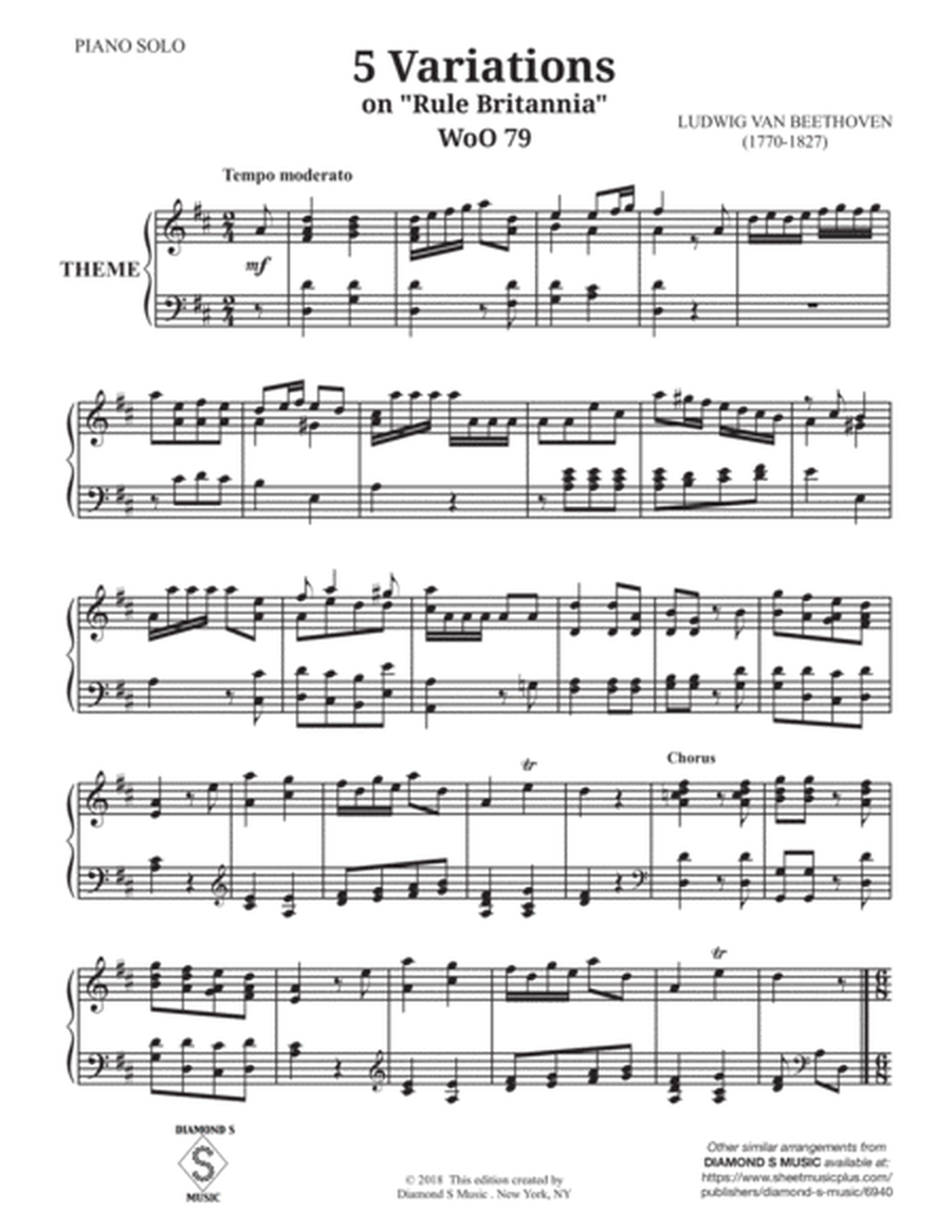5 VARIATIONS on RULE BRITANNIA WoO 79 by BEETHOVEN - PIANO SOLO. image number null