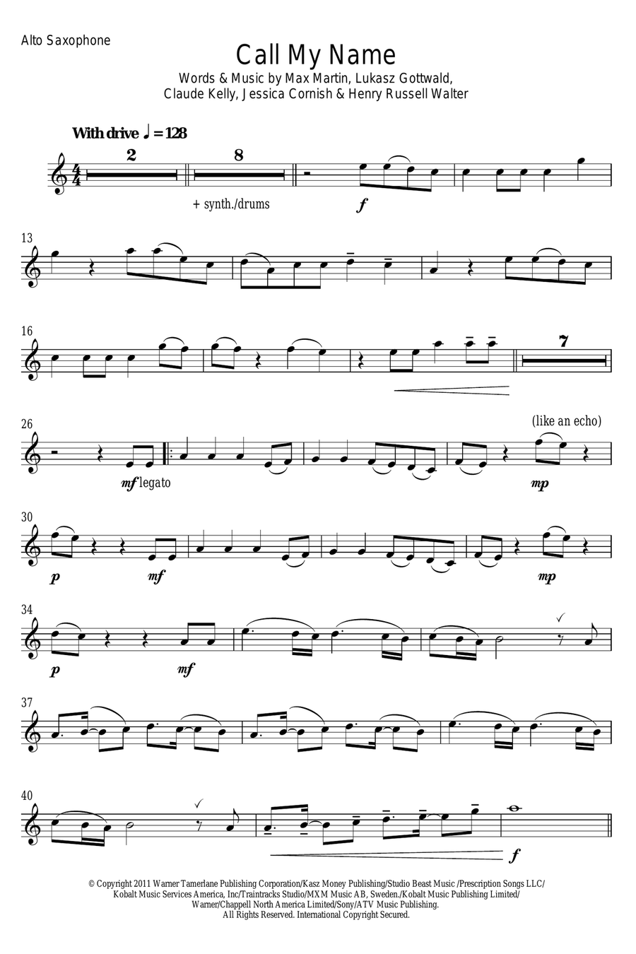 Call My Name Alto Saxophone scores gallery preview page 1