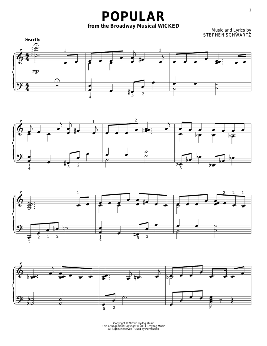 Popular (from Wicked) Piano Solo scores gallery preview page 1
