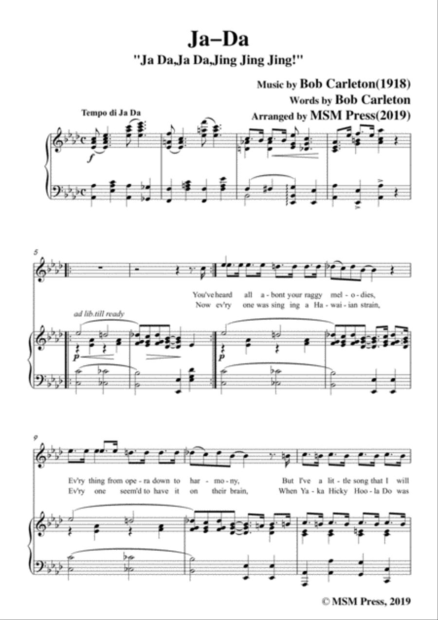 Bob Carleton-Ja-Da,in A flat Major,for Voice and Piano image number null