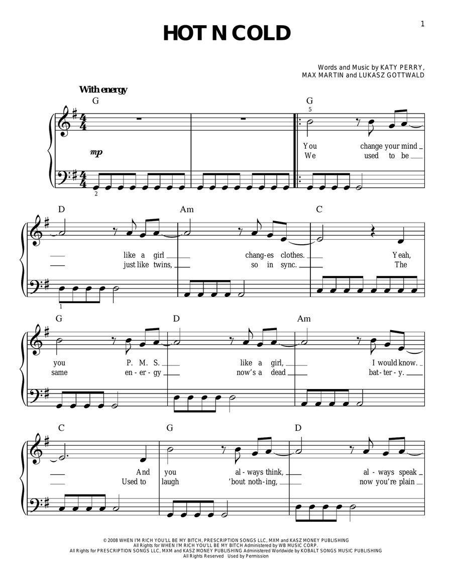 Hot N Cold Easy Piano scores gallery preview page 1
