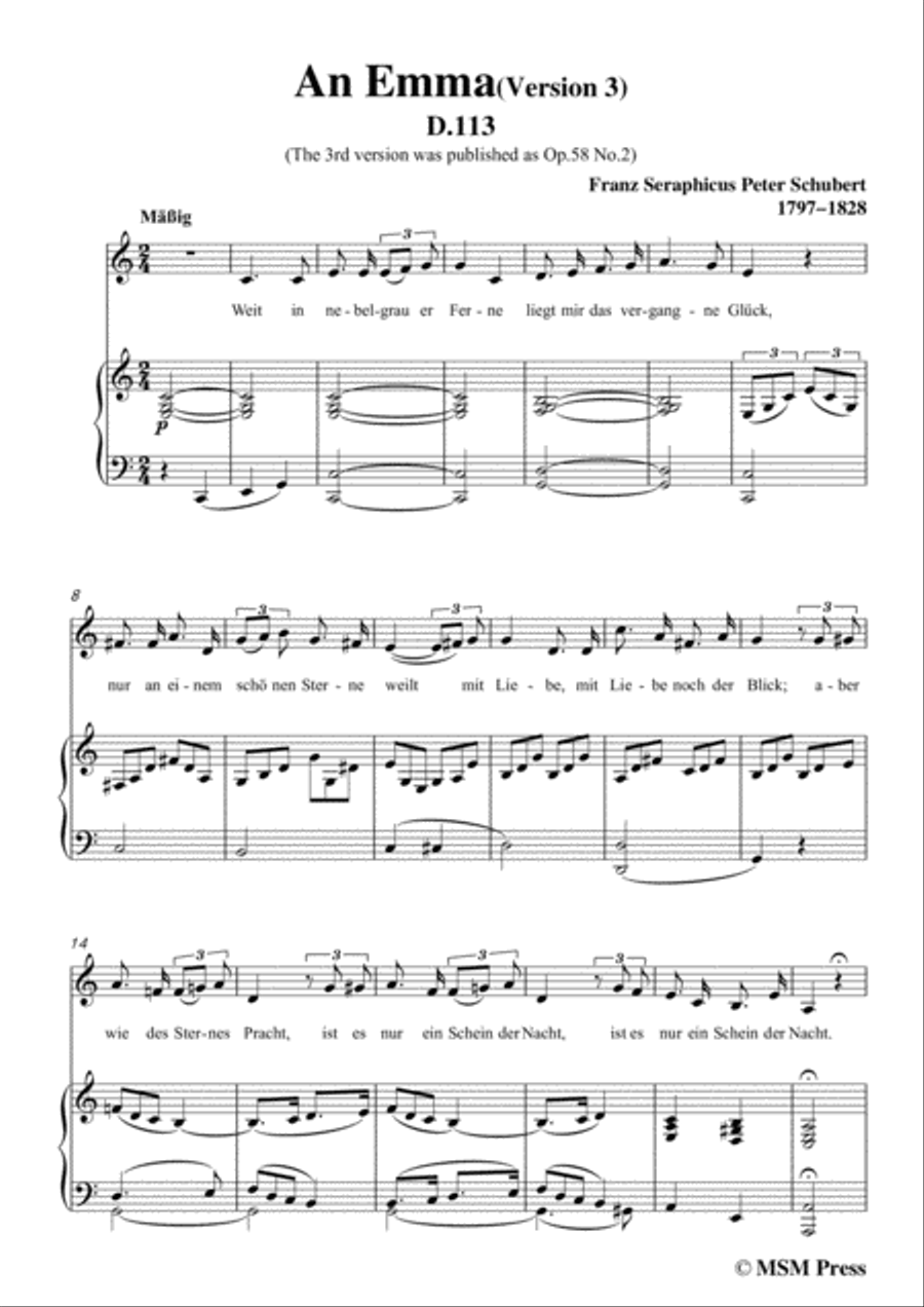 Schubert-An Emma(3rd ver. published as Op.58 No.2),D.113,in C Major,for Voice&Pno Voice scores gallery preview page 3