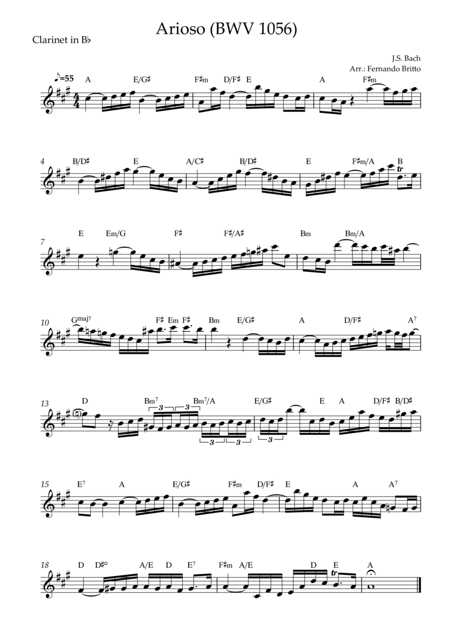 Arioso (J.S. Bach - BWV 1056) for Clarinet in Bb Solo with Chords B-Flat Clarinet scores gallery preview page 1