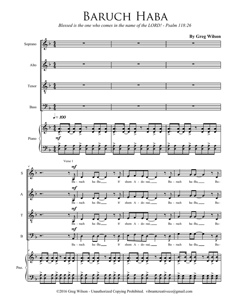 Baruch HaBa 4-Part scores gallery preview page 1