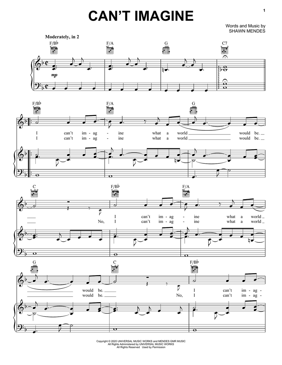 Can't Imagine Piano, Vocal, Guitar scores gallery preview page 1