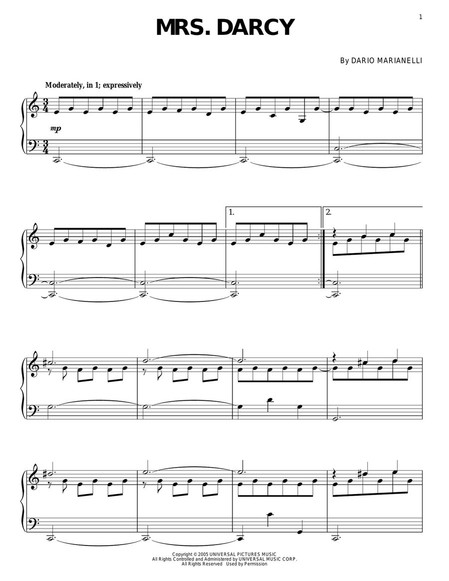 Mrs. Darcy (from Pride And Prejudice) Piano Solo scores gallery preview page 1