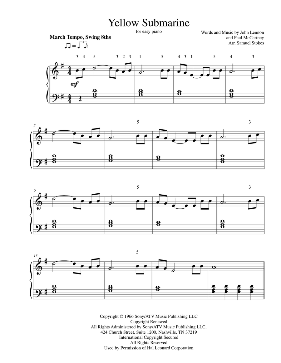 Yellow Submarine Easy Piano scores gallery preview page 1