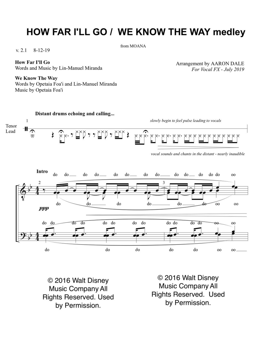 Medley: How Far I'll Go with We Know The Way TTBB scores gallery preview page 1
