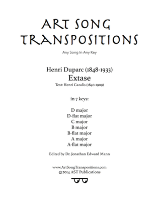 Book cover for DUPARC: Extase (transposed to 7 keys: D, D-flat, C, B, B-flat, A, A-flat major)