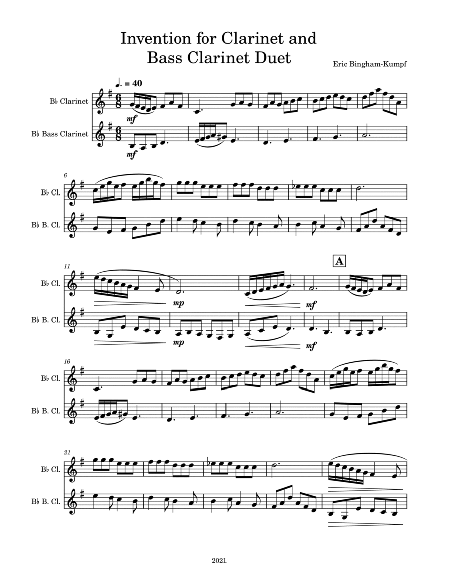 Invention for Clarinet and Bass Clarinet Clarinet Duet scores gallery preview page 1