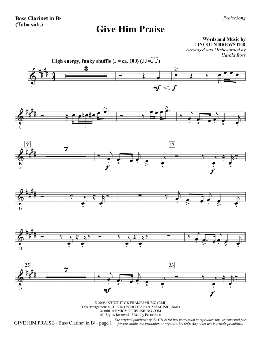 Give Him Praise - Bass Clarinet (sub. Tuba) Choir scores gallery preview page 1