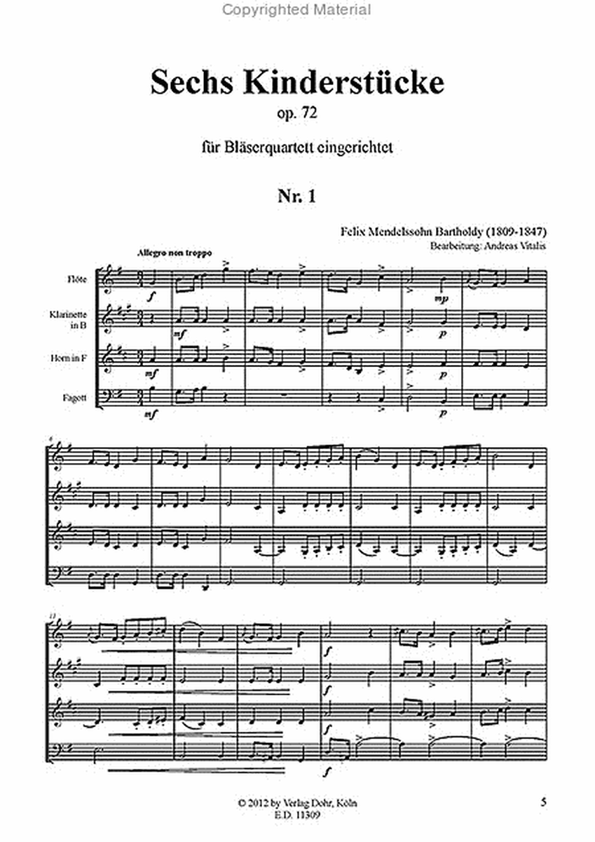 Sechs Kinderstücke op. 72 (für Bläserquartett (Flöte, Klarinette, Horn, Fagott))