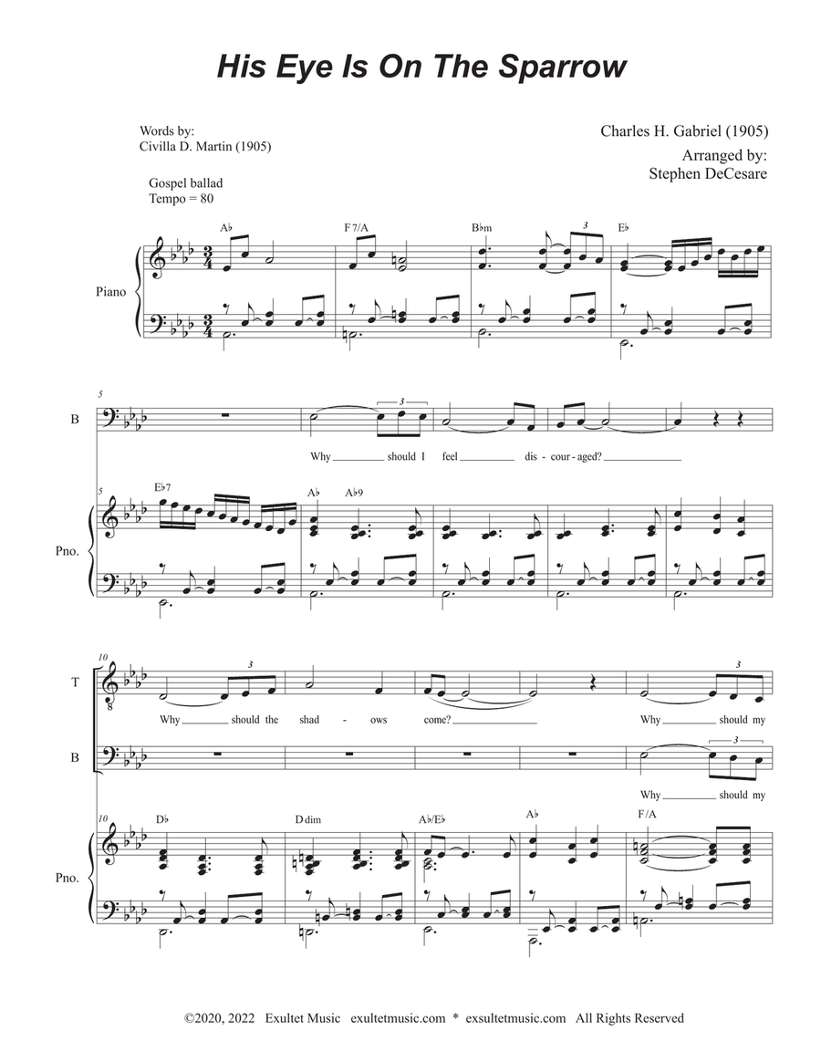 His Eye Is On The Sparrow (Duet for Tenor and Bass solo) (Easy Vocal Duet Version) Bass Voice scores gallery preview page 1