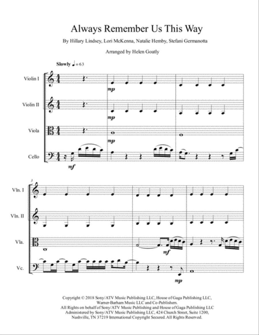 Always Remember Us This Way String Quartet scores gallery preview page 1