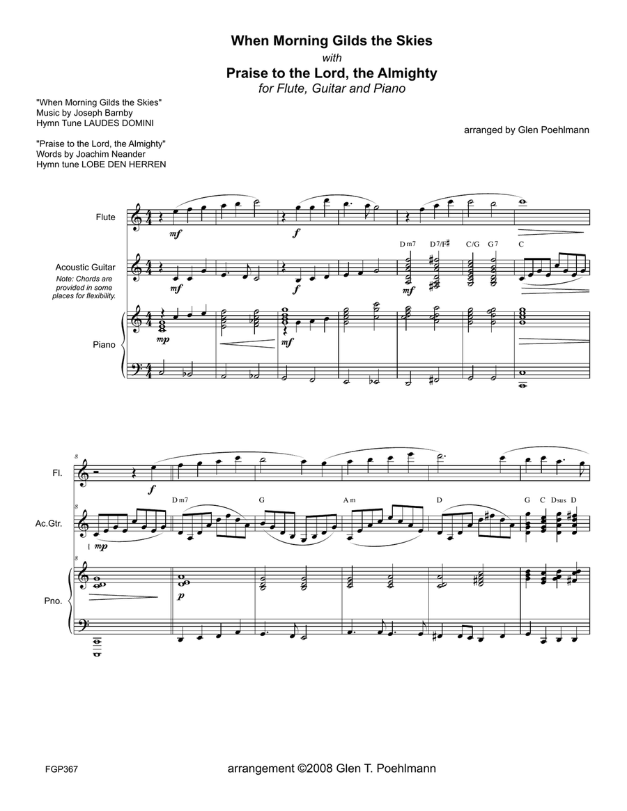 WHEN MORNING GILDS THE SKIES/PRAISE TO THE LORD, THE ALMIGHTY - Flute, Guitar & Piano (Flute Gr 2+) Flute scores gallery preview page 1