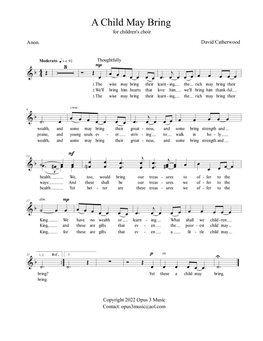 A Child may Bring - A song for Children's voices (unison or 2 part) by David Catherwood Unison Choir scores gallery preview page 1