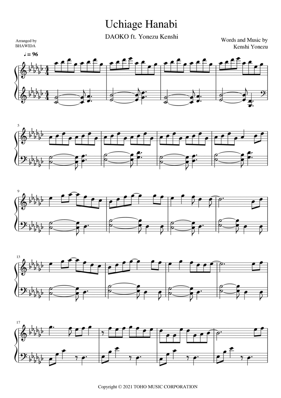 Uchiage Hanabi Piano Solo scores gallery preview page 1