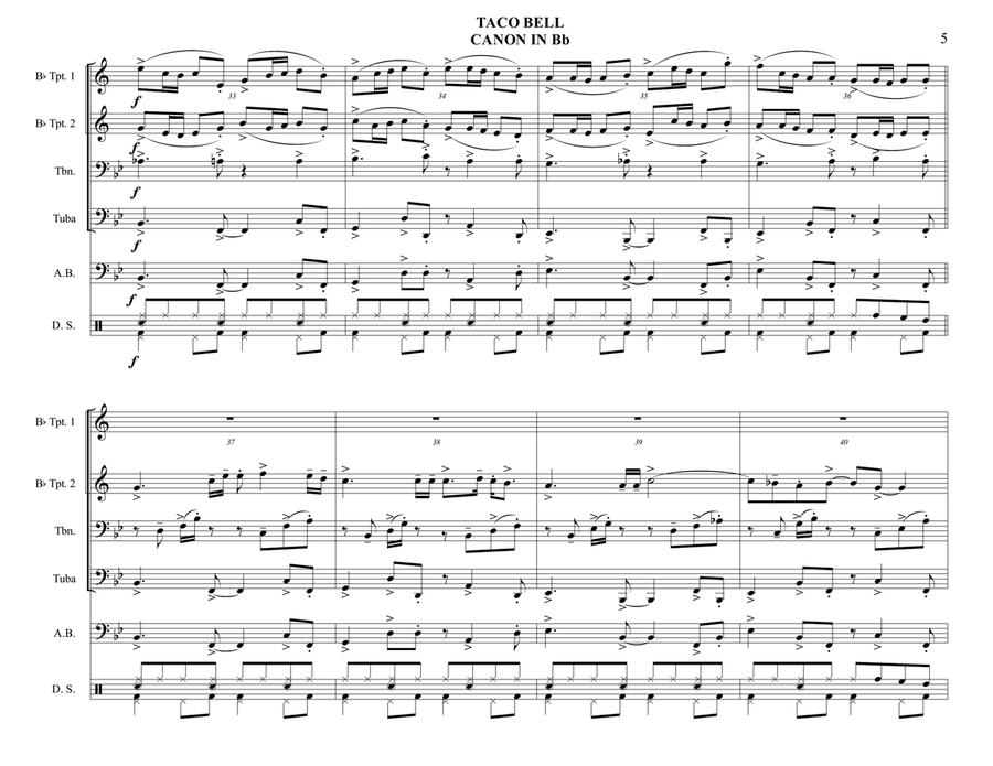 TACO BELL CANON IN Bb - Brass Quartet with optional Acoustic Bass and Drum Set parts - Bossa Nova Small Ensemble scores gallery preview page 5