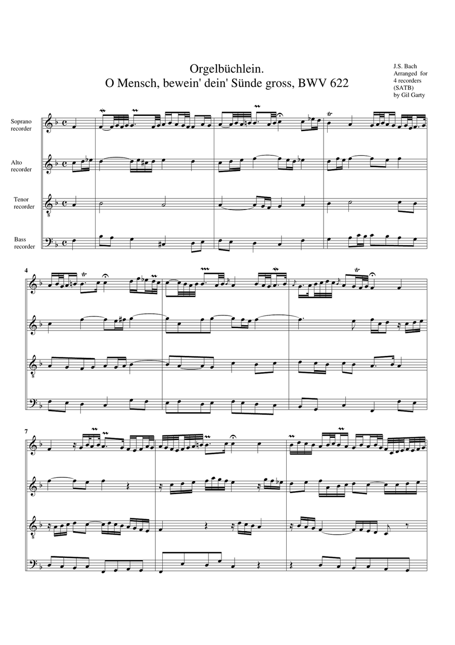 O Mensch, bewein' dein' Suende gross, BWV 622 from Orgelbuechlein (arrangement for 4 recorders) Recorder scores gallery preview page 1