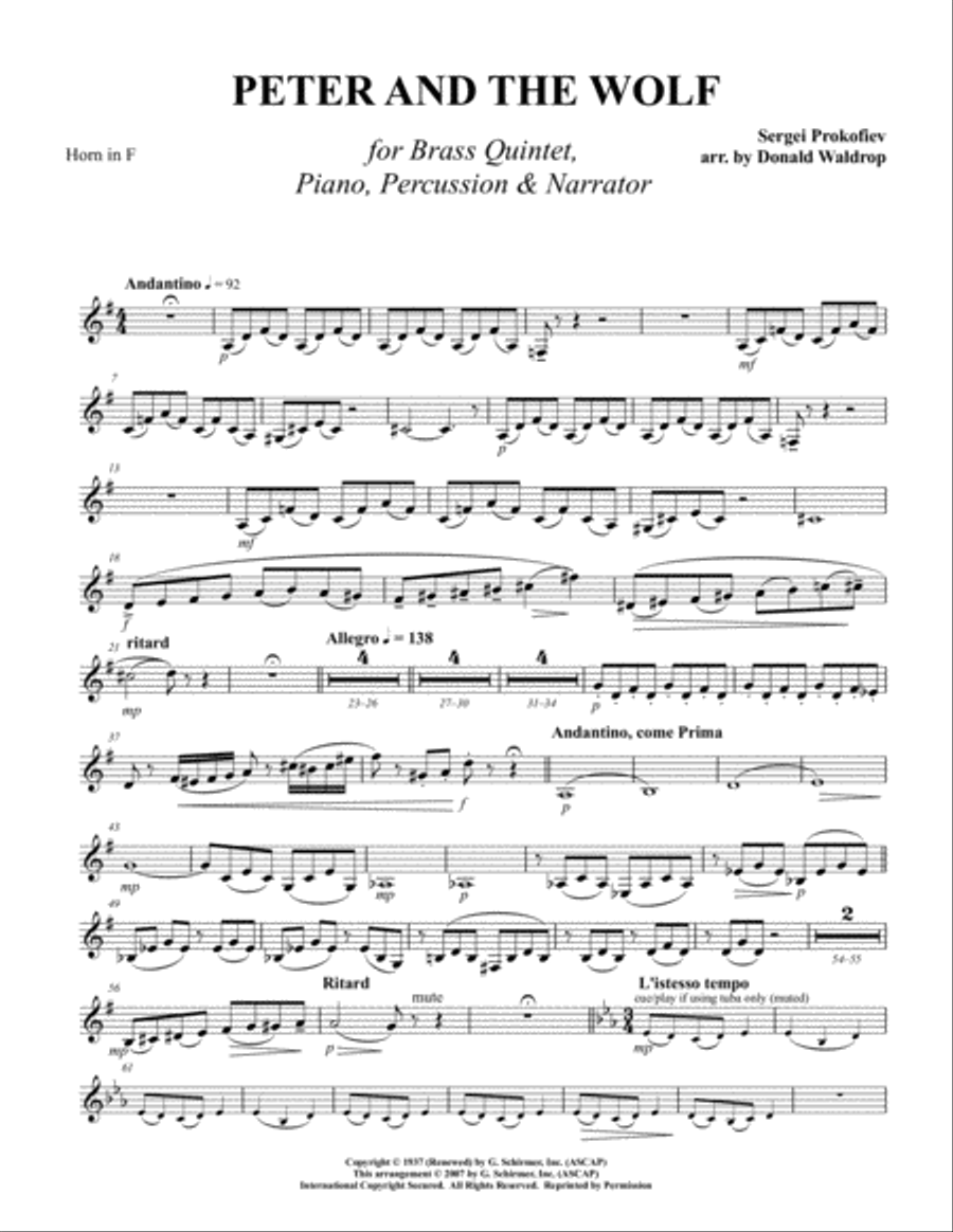 Peter and the Wolf for Brass Quintet, Piano, Percussion and Narrator Piano scores gallery preview page 7