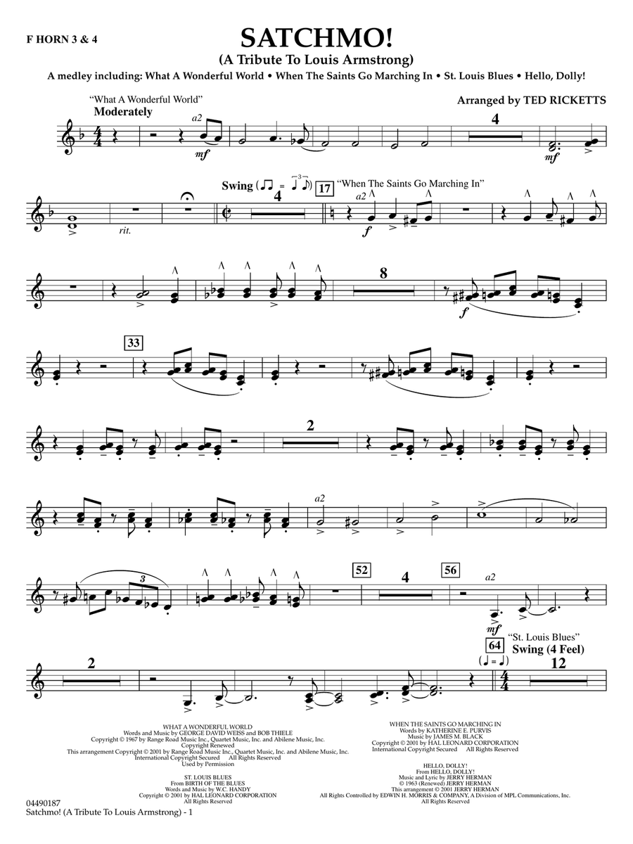 Satchmo! - A Tribute to Louis Armstrong (arr. Ted Ricketts) - F Horn 3 & 4 Full Orchestra scores gallery preview page 1