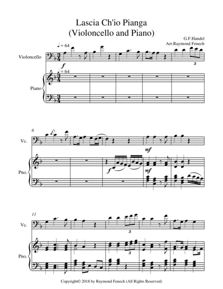 Lascia Ch'io Pianga - From Opera 'Rinaldo' - G.F. Handel ( Violoncello and Piano) image number null