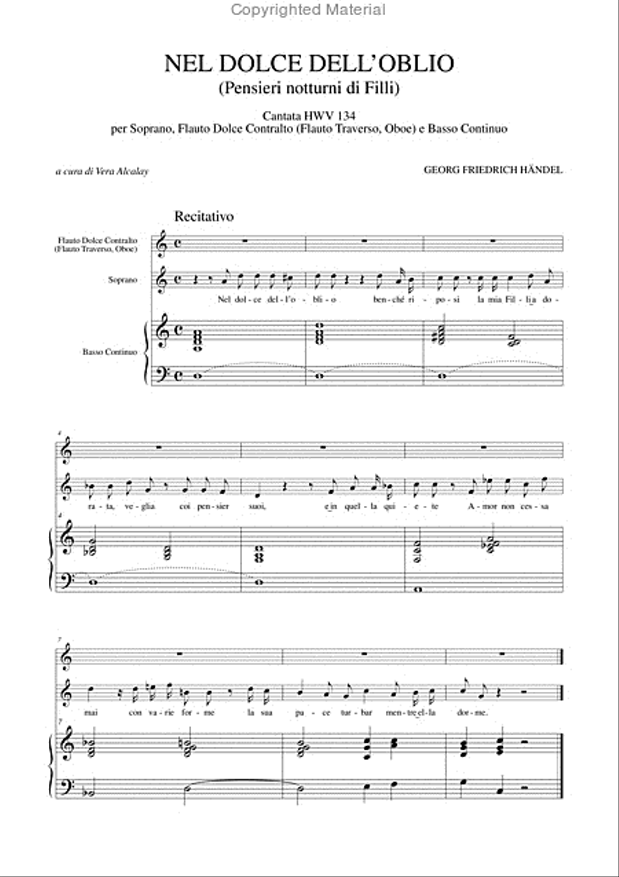 Nel dolce dell’oblio (Pensieri notturni di Filli). Cantata HWV 134 for Soprano, Treble Recorder (Flute, Oboe) and Continuo Flute scores gallery preview page 2