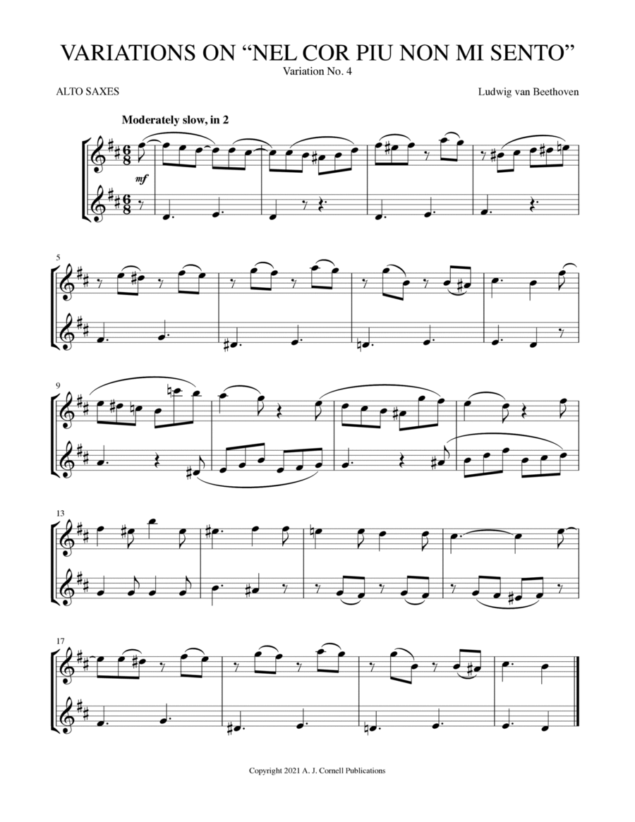 Variations on “Nel cor piu non mi sento,” Variation No. 4 Woodwind Duet scores gallery preview page 1
