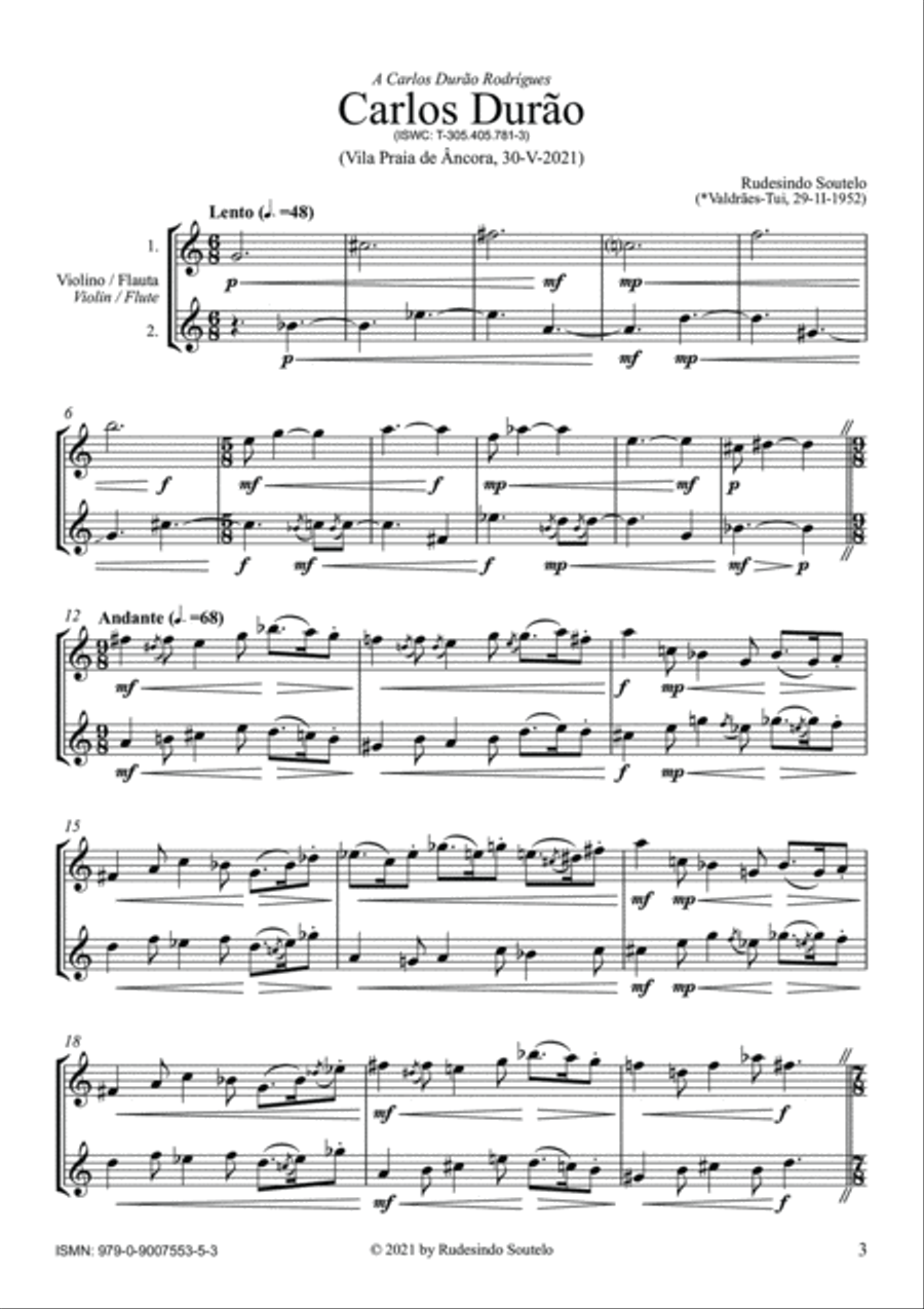 Carlos Durão (Flute and/or Violin Duo) Woodwind Ensemble scores gallery preview page 3