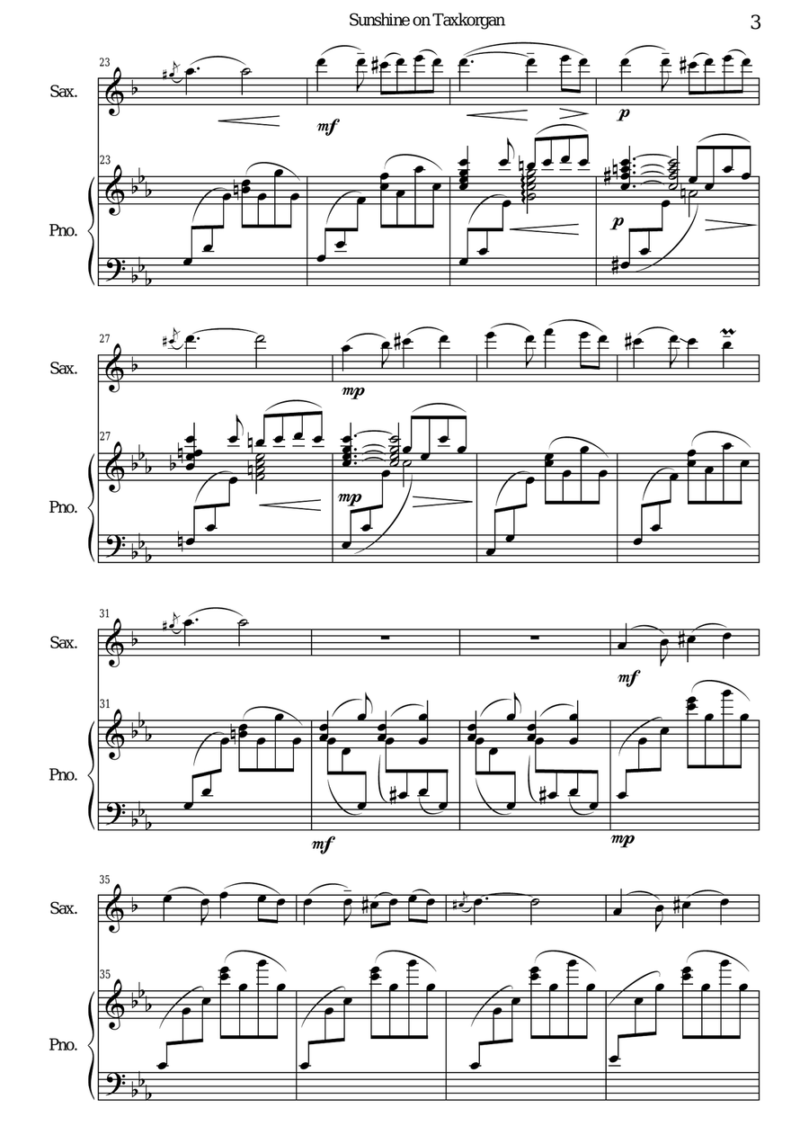 Sunshine on Taxkorgan - Sunshine on Tashkurgan, for saxophone and piano (Score + Solo part) Woodwind Duet scores gallery preview page 3
