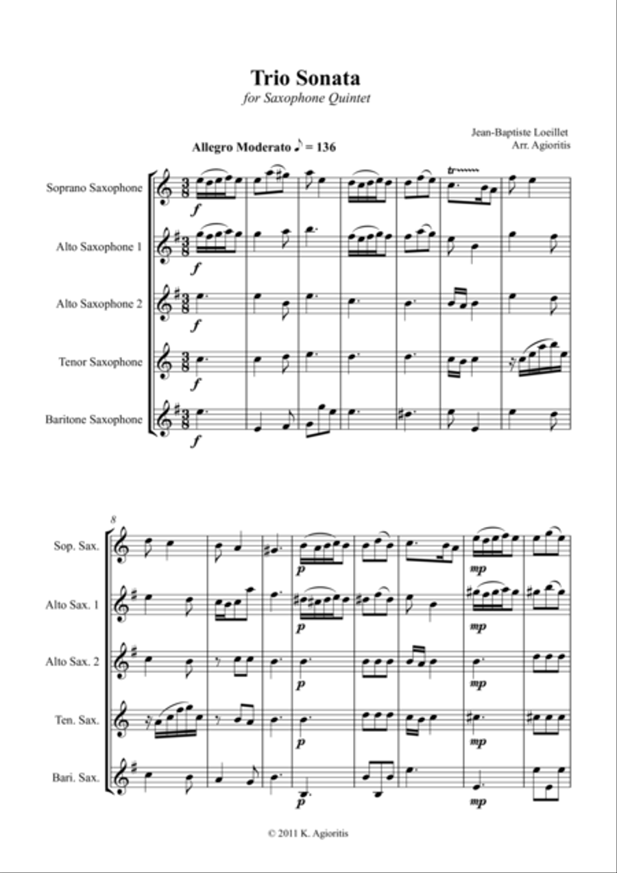 Trio Sonata Op. 2 No. 8 4th Movement - for Saxophone Quintet Trio Sonata Op. 2 No. 8 4th Movement - for Saxophone Quintet Saxophone Quintet scores gallery preview page 1