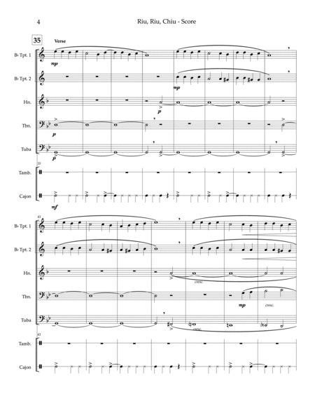 Riu, Riu, Chiu - brass quintet, percussion (bodhran, tambourine) by Todd Marchand Brass Quintet - Digital Sheet Music