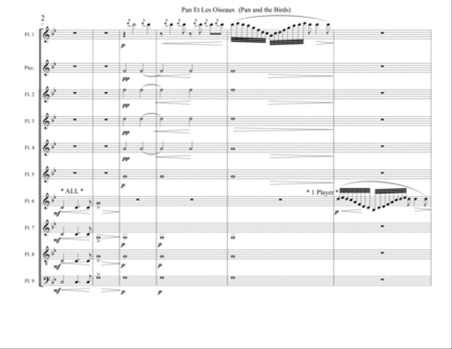 Pan Et Les Oiseaux ( Pan and the Birds ) for Flute solo with flute choir / ensemble by Jules Mouqu Flute Choir scores gallery preview page 3
