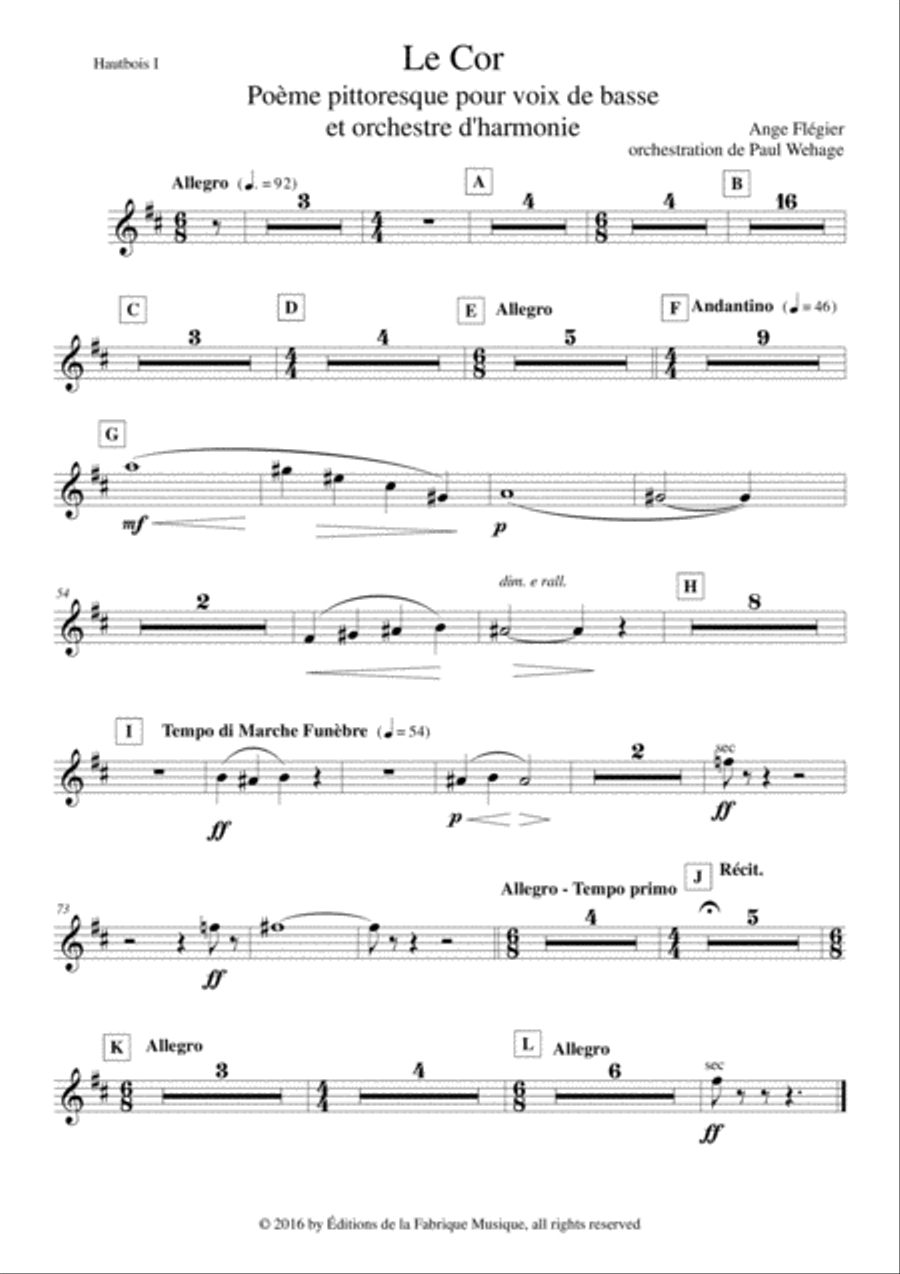 Ange Flégier: Le Cor for bass voice and concert band, oboe1 part Concert Band scores gallery preview page 1
