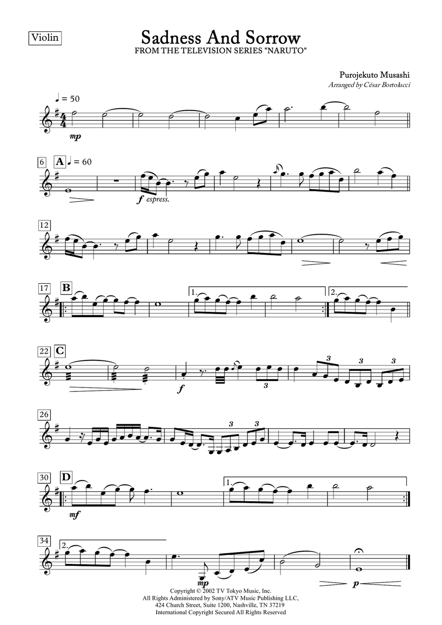 Sadness And Sorrow Violin Solo scores gallery preview page 1
