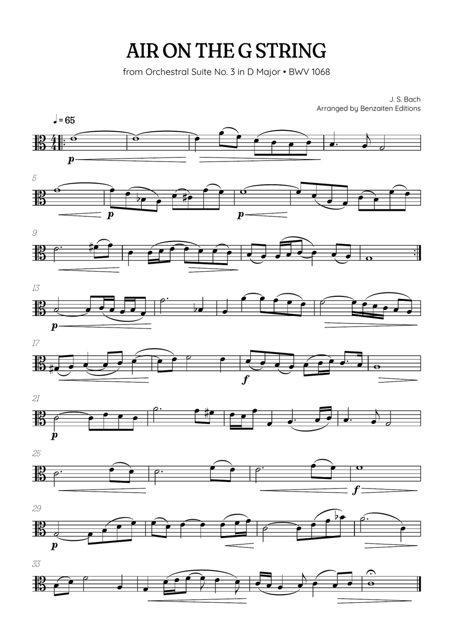 JS Bach • Air on the G String from Suite No. 3 BWV 1068 | viola sheet music Viola Solo scores gallery preview page 1