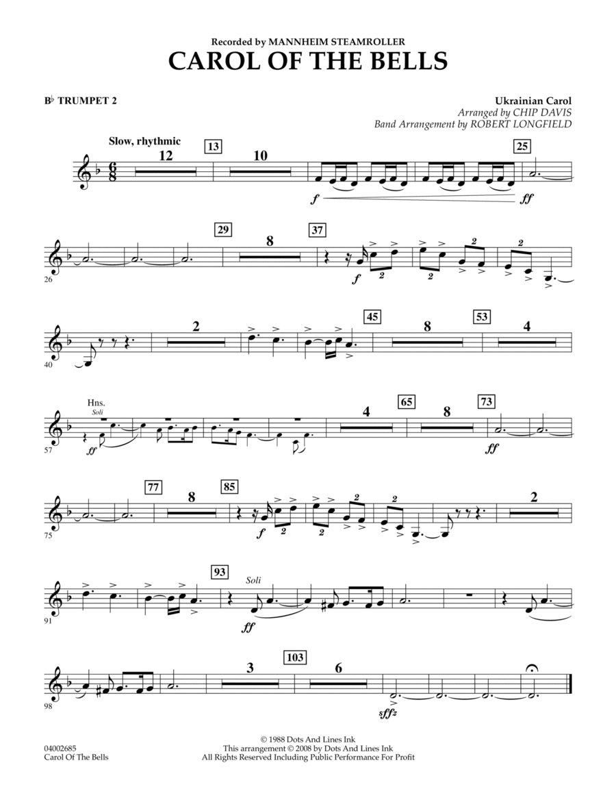 Carol Of The Bells Bb Trumpet 2 by Mannheim Steamroller B Flat