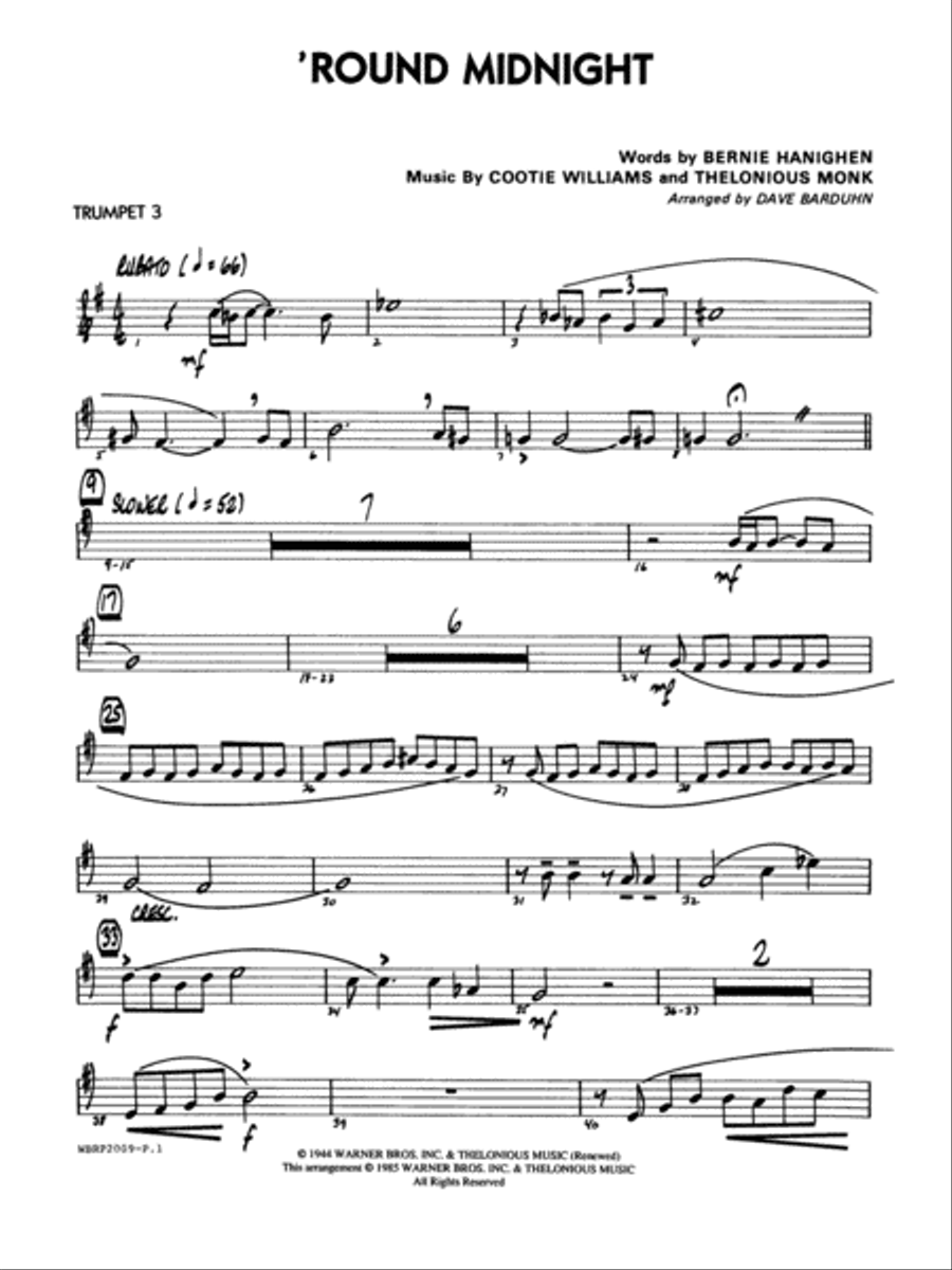 'Round Midnight: 3rd B-flat Trumpet Jazz Ensemble scores gallery preview page 1
