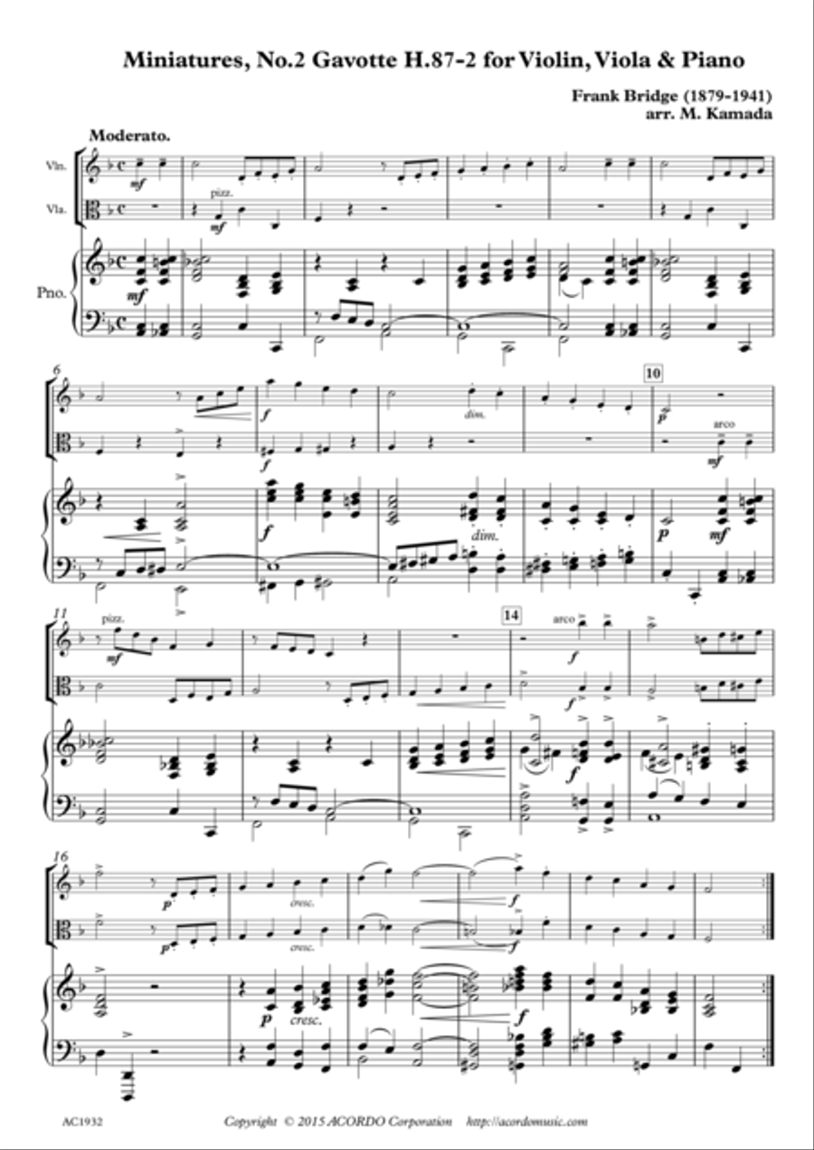 Miniatures, No.2 Gavotte H.87-2 for Violin, Viola & Piano Piano Trio scores gallery preview page 1