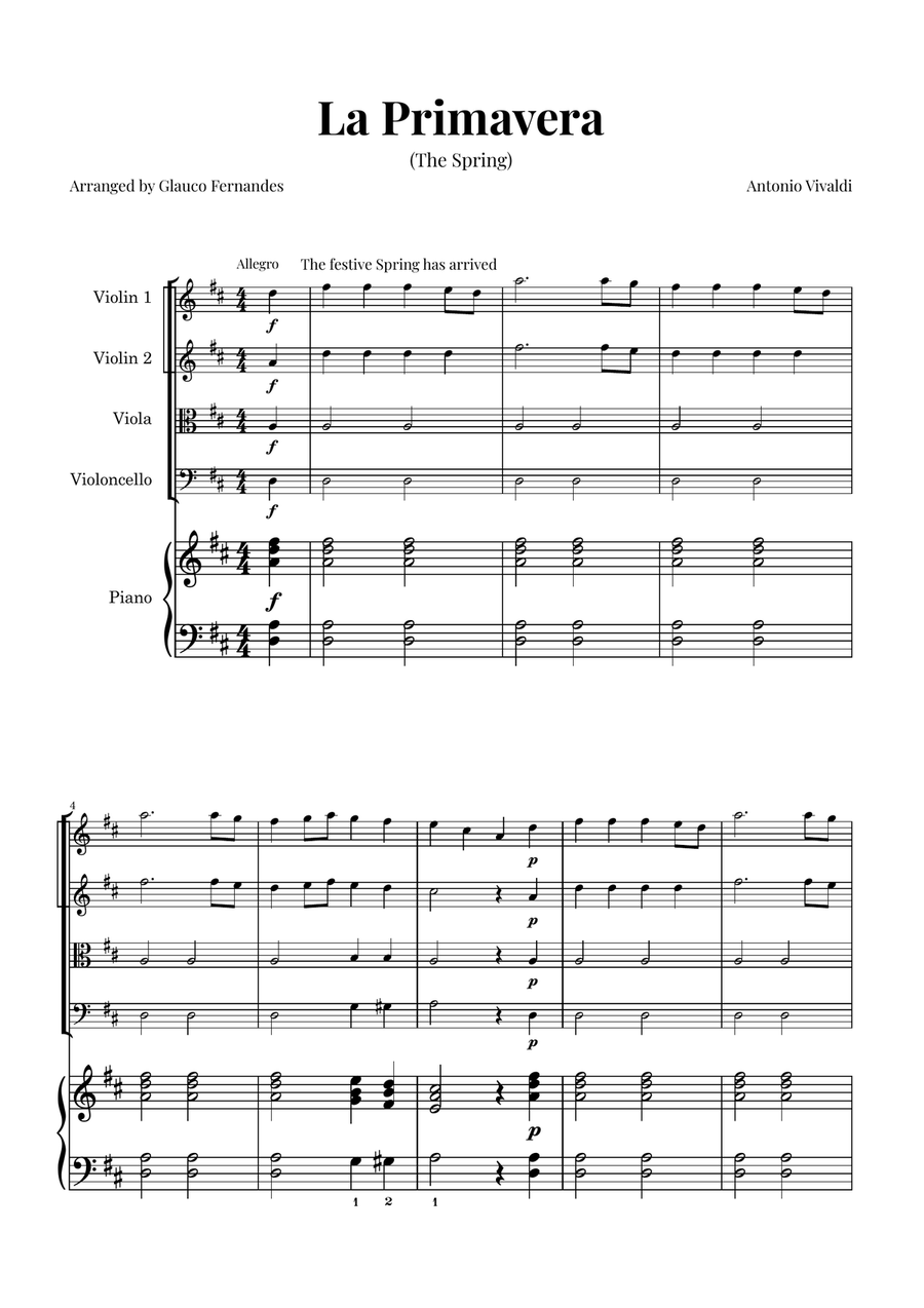 La Primavera (The Spring) by Vivaldi - String Quartet with Piano String Quartet scores gallery preview page 1