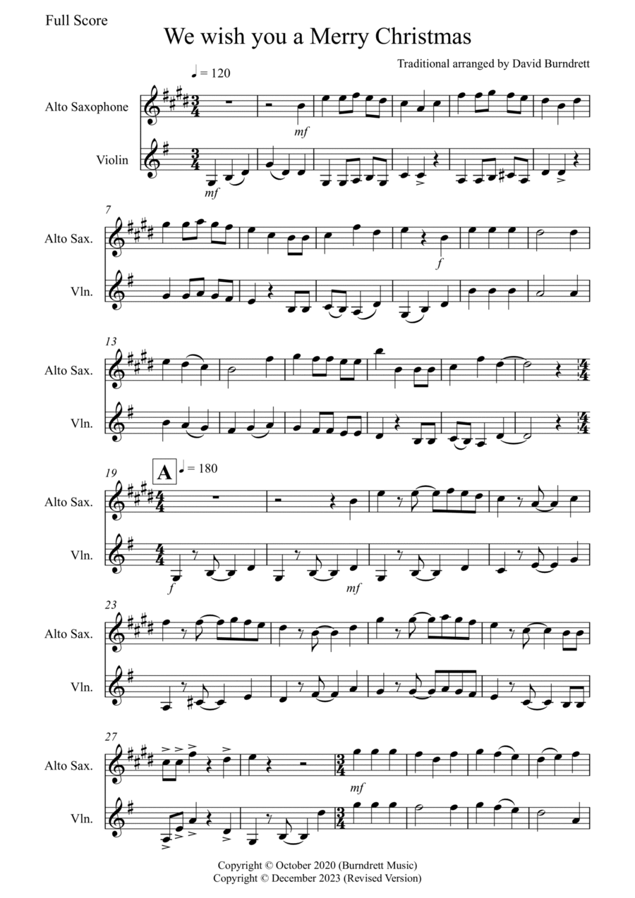We Wish You a Merry Christmas for Alto Saxophone and Violin Duet Alto Saxophone scores gallery preview page 1