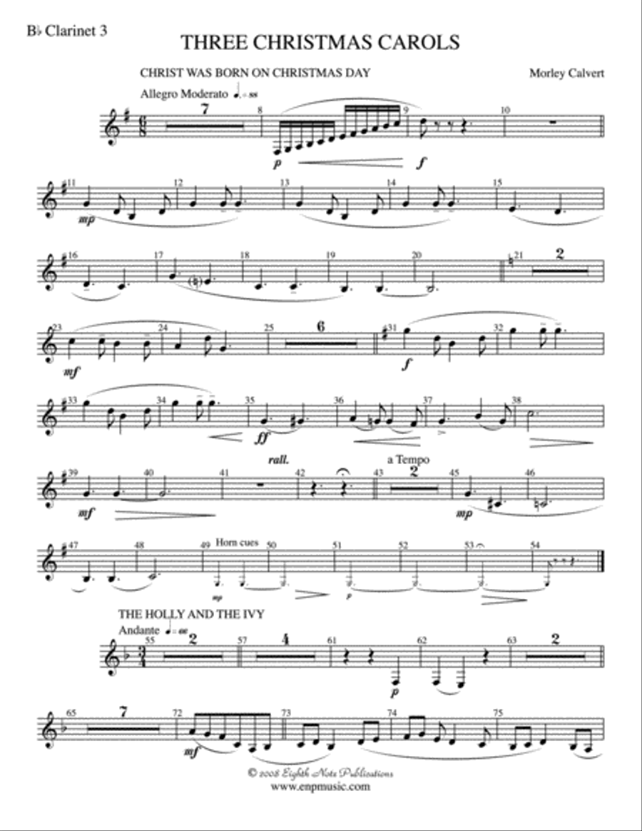 Three Christmas Carols: 3rd B-flat Clarinet Concert Band scores gallery preview page 1