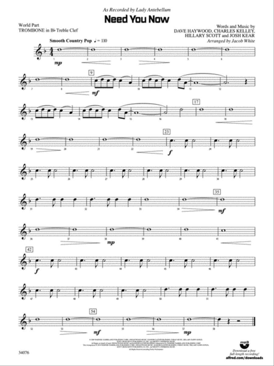 Need You Now: (World Part) 1st B-flat Trombone T.C. Concert Band scores gallery preview page 1