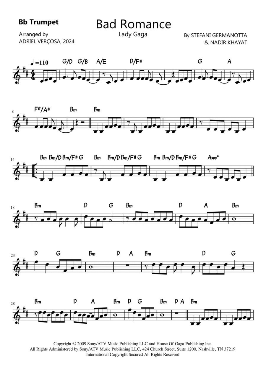 Bad Romance Bad Romance B-Flat Trumpet scores gallery preview page 1