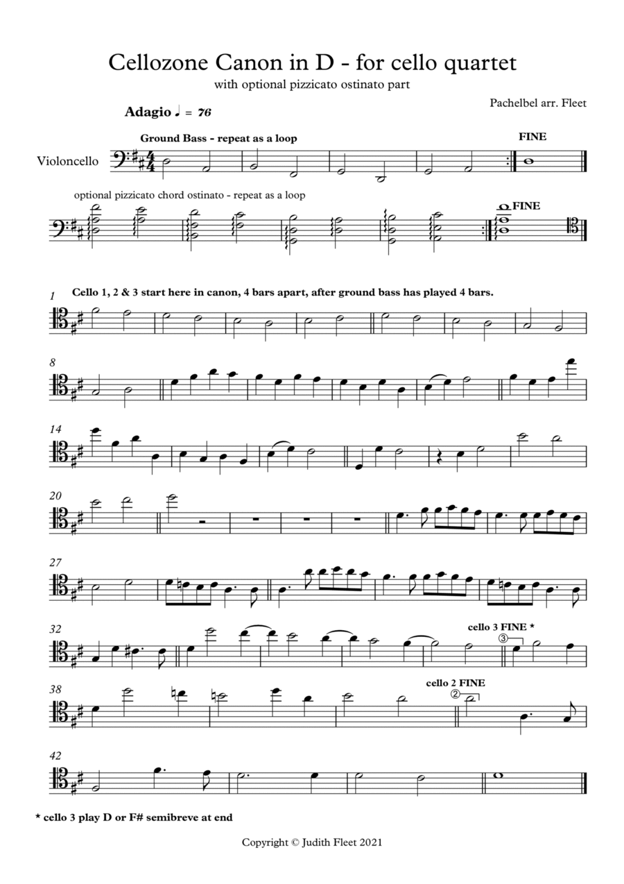 Cellozone (Pachelbel) Canon in D for cello ensemble String Quartet scores gallery preview page 1