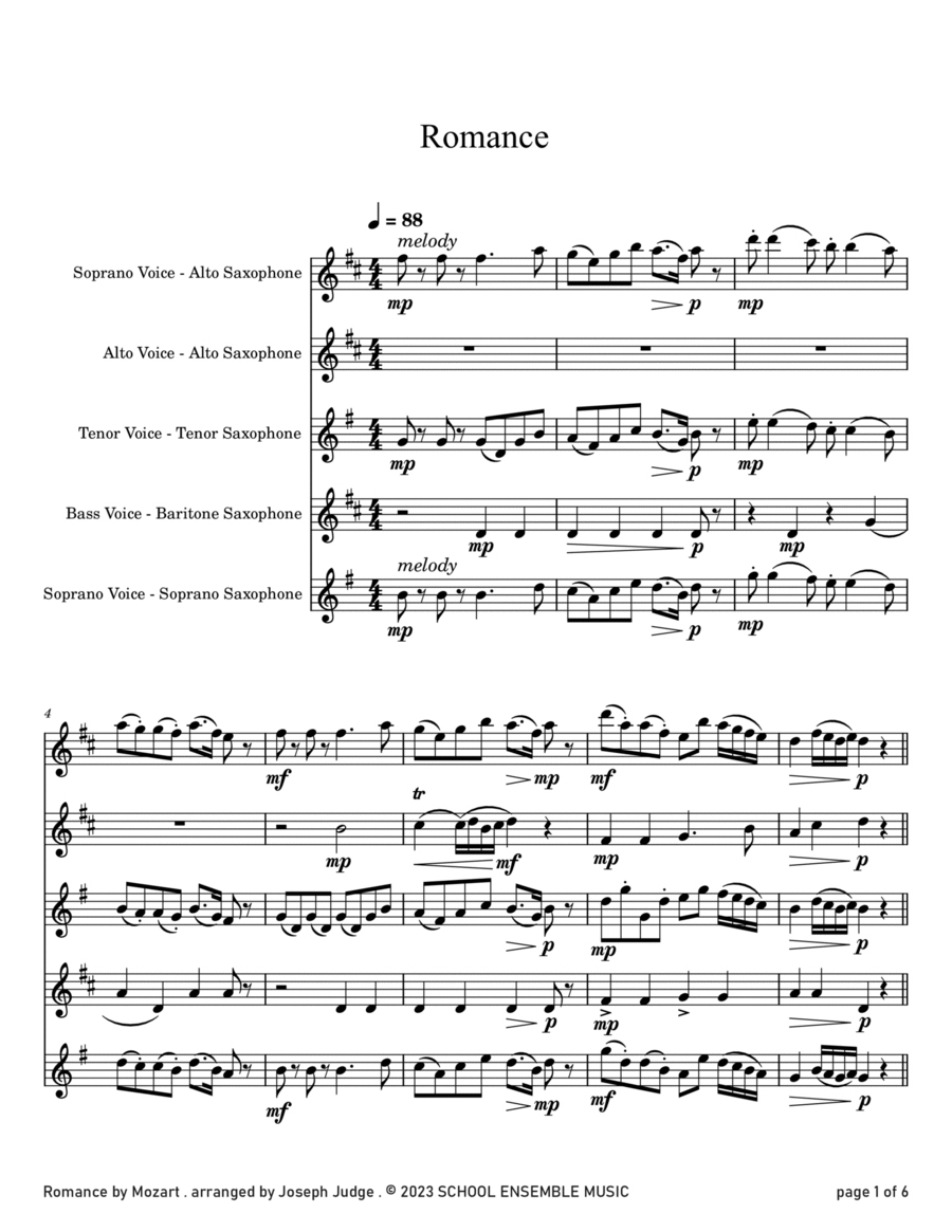 Romance by Mozart for Saxophone Quartet in Schools Saxophone Quartet scores gallery preview page 1