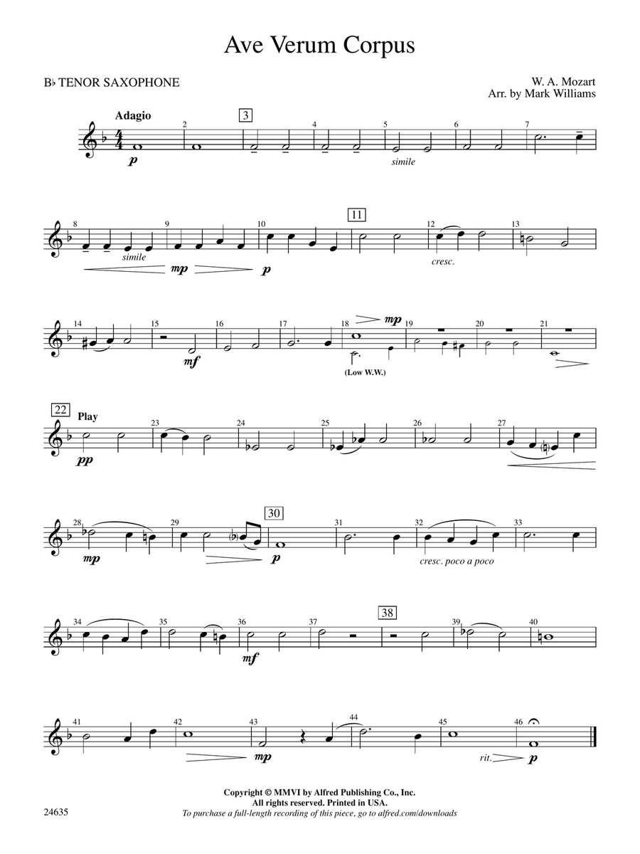 Ave Verum Corpus: B-flat Tenor Saxophone
