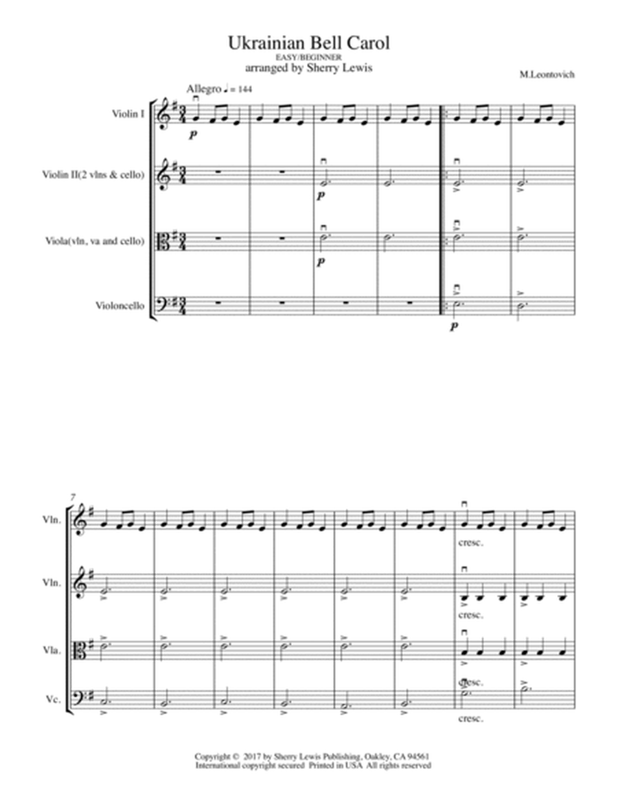 UKRAINIAN BELL CAROL (Carol of the Bells) String Trio, Easy/Beginner for 2 violins and cello or viol image number null