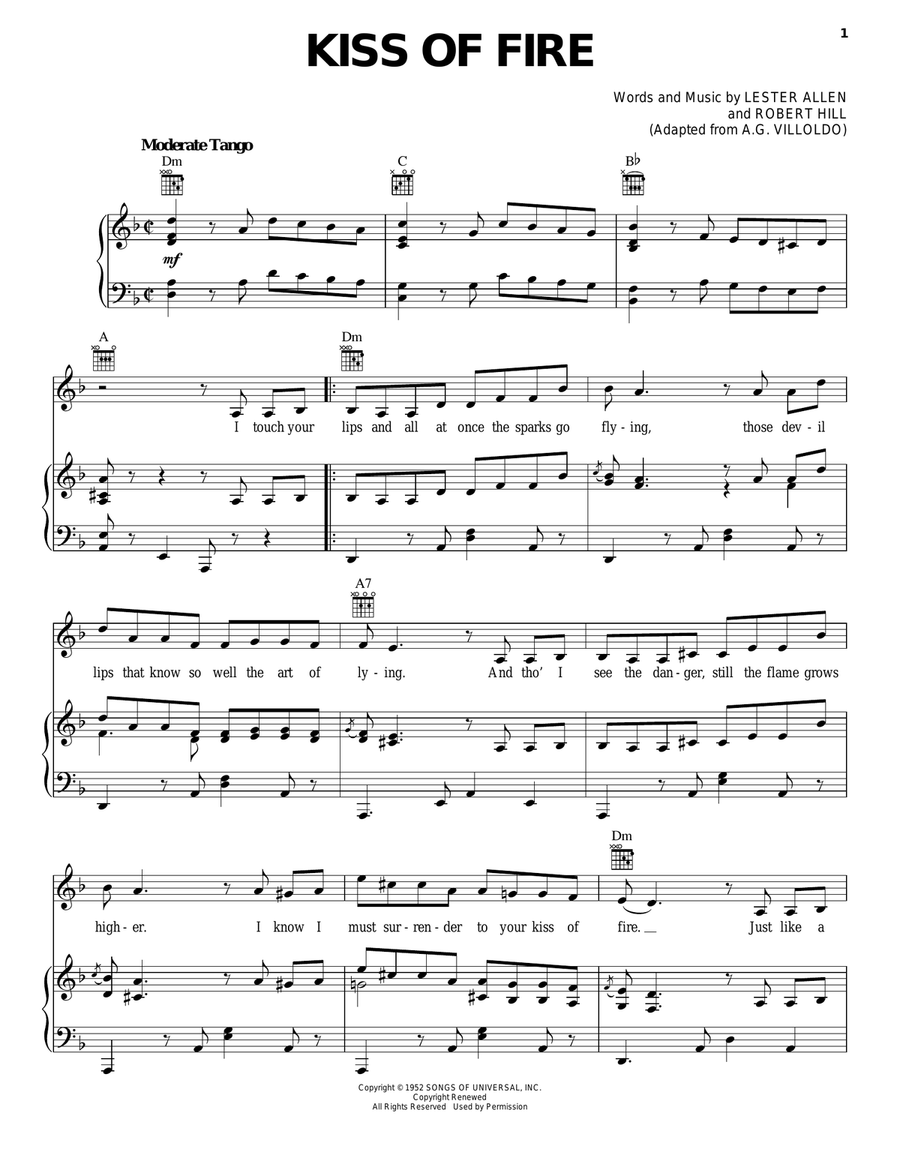 Kiss Of Fire Piano, Vocal, Guitar scores gallery preview page 1