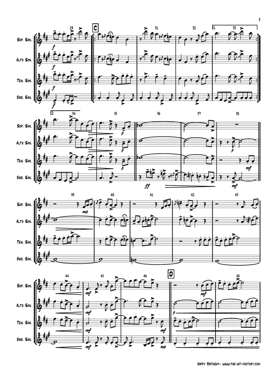 Happy Birthday Saxophone Quartet scores gallery preview page 3